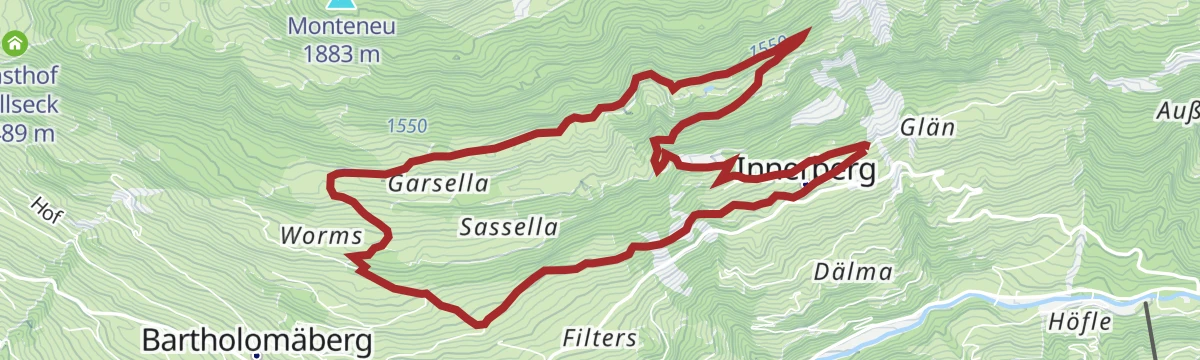 Route map: Rundwanderweg auf dem Bartholomäberg über Tora-, Fula- und Fritzasee
